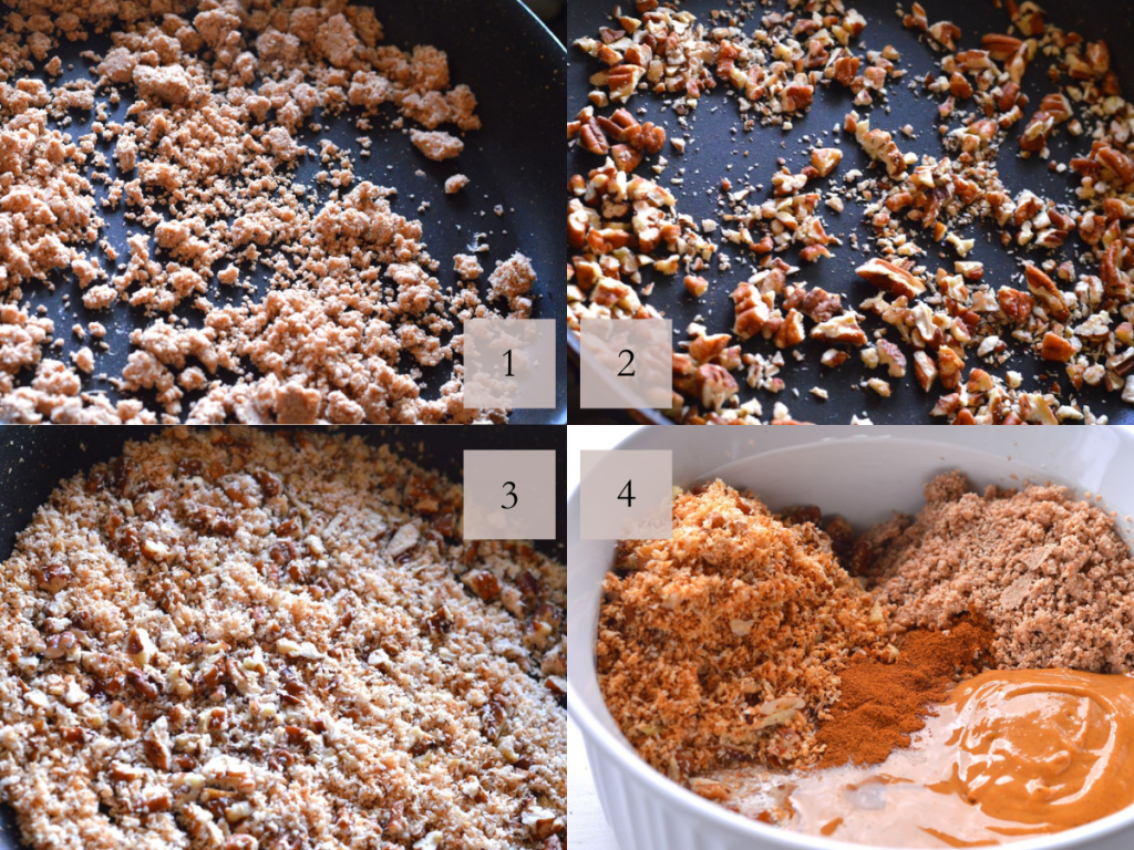 4 photos showing almond pulp being heated, chopped pecans and coconut being toasted, and bowl of separated ingredients of toasted coconut and pecans, almond pulp, peanut butter, cinnamon, and honey