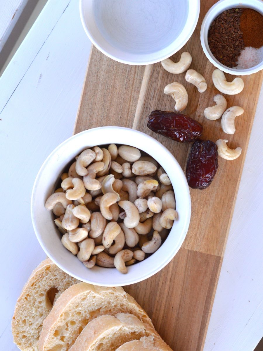 ingredients shown for eggless french toast. Soaked cashews, medjool dates, flaxseed, cinnamon, salt, water